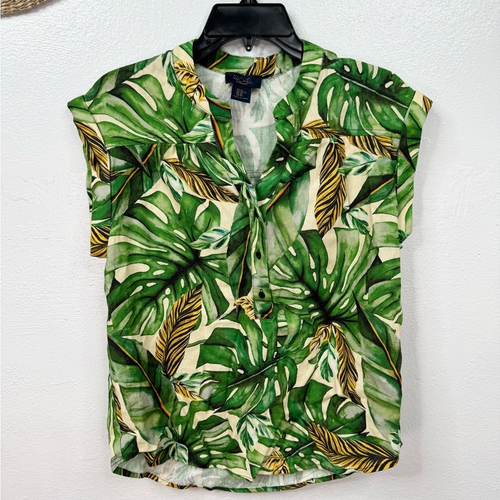 Rachel Roy Blouse Womens XS Green Tropical Leaf Print V-Neck Cap Sleeve Linen